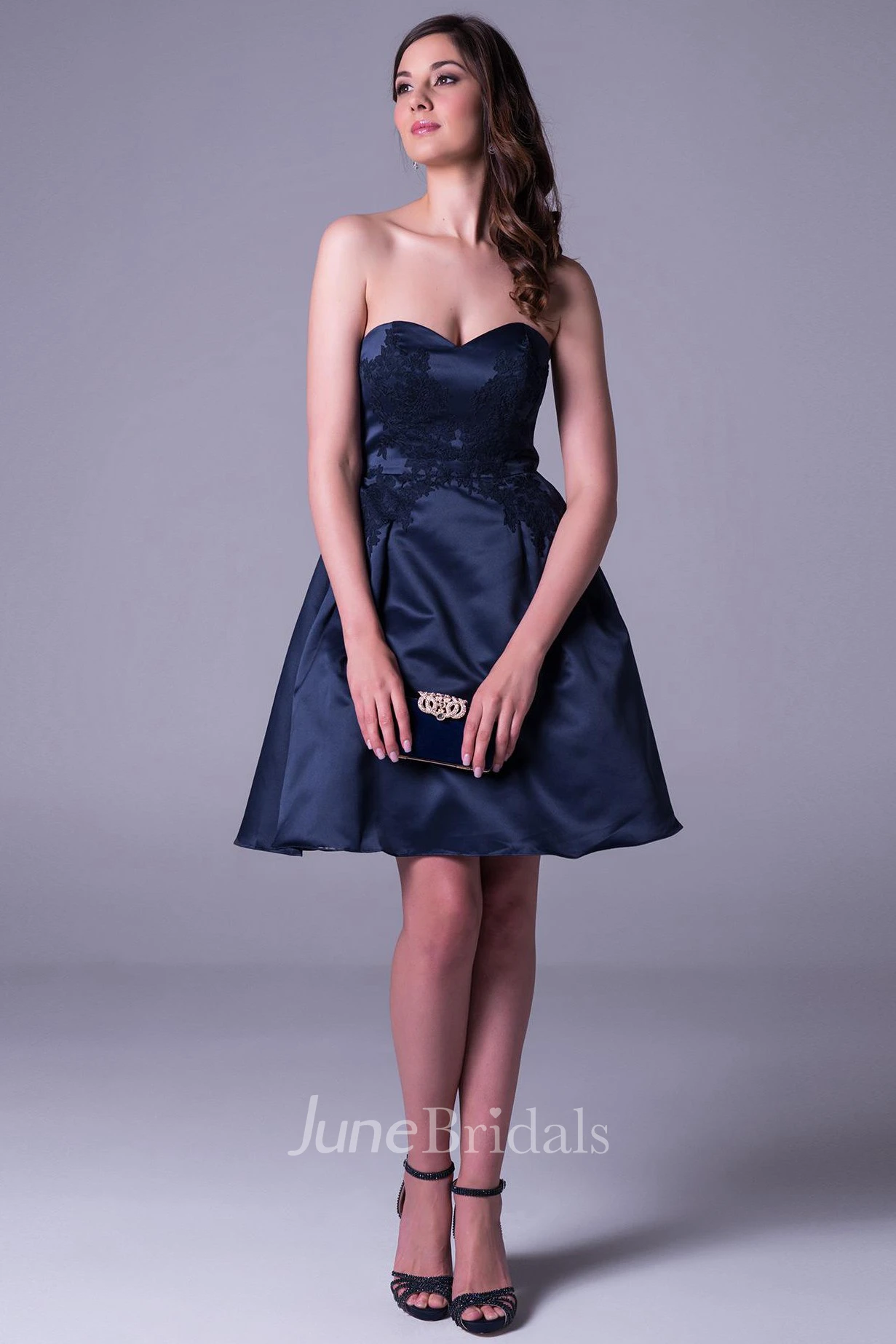 Short A-Line Sleeveless Sweetheart Appliqued Satin Prom Dress