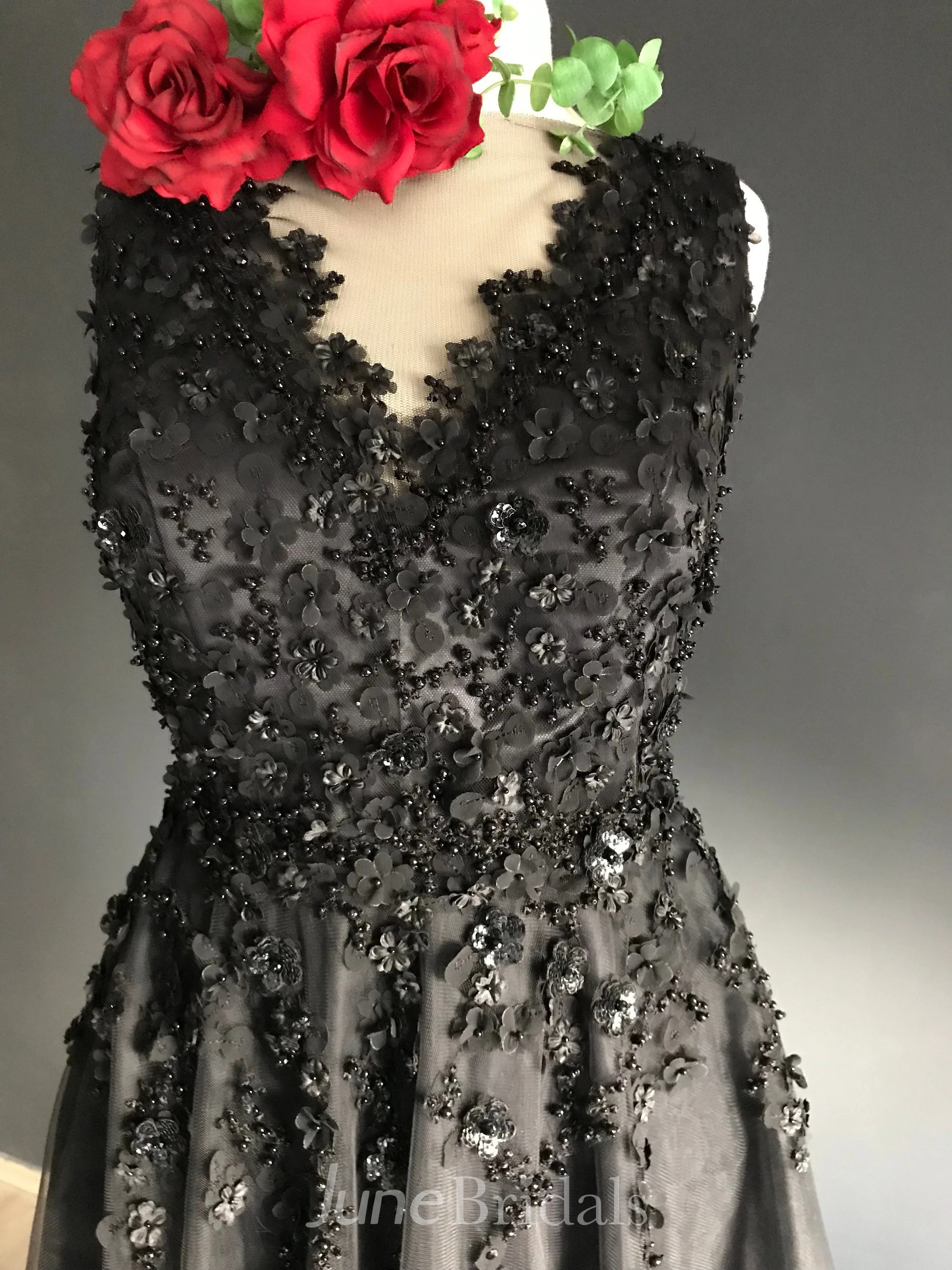 Sheath V-neck Floor-length Sleeveless Deep-V Back With Appliques Lace Sequins Black Wedding Dress