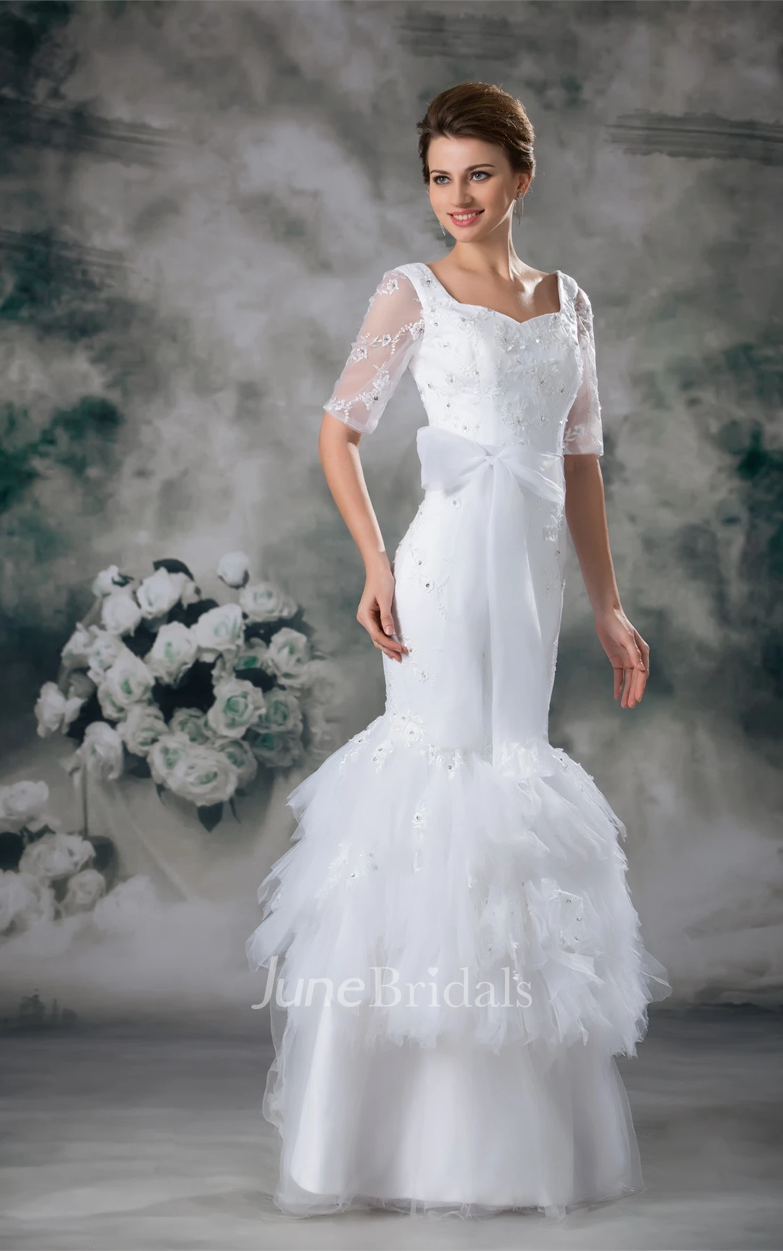 square-neck mermaid half-sleeve dress with tiers and beading