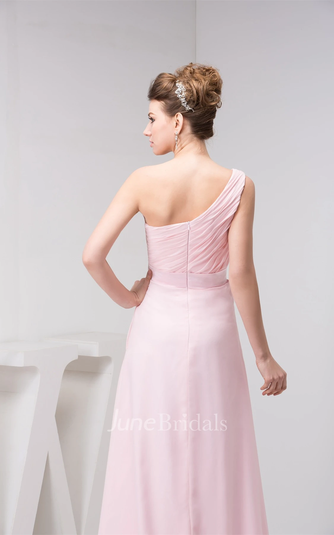 Pastel One-Shoulder Chiffon Gown with Ruching and Appliques