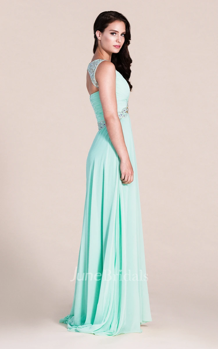 Beads Chiffon Formal Prom Dresses A-Line Long Flare Sleeves Ruched