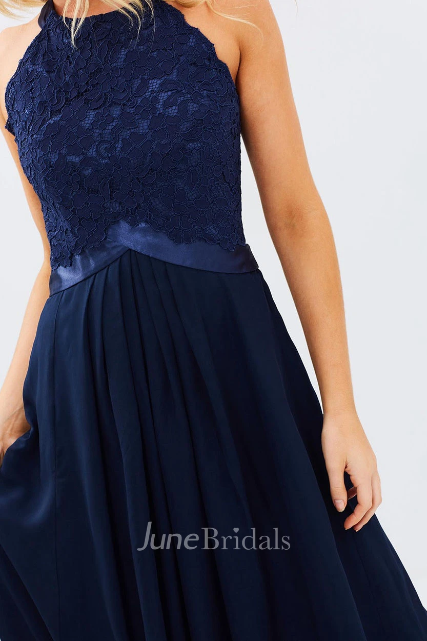 A-Line Appliqued Sleeveless Ankle-Length Scoop Chiffon Bridesmaid Dress With Zipper Back And Pleats