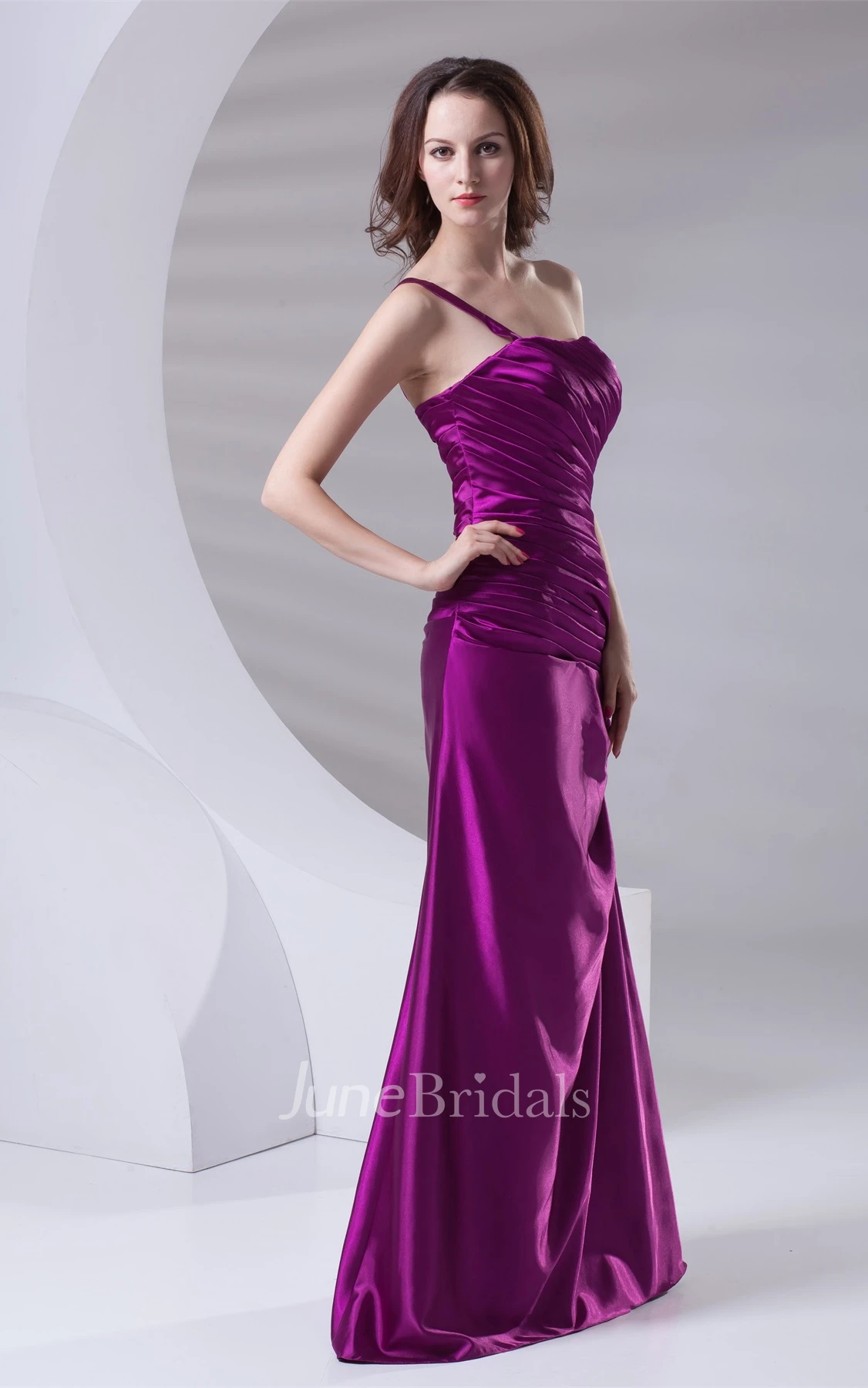 Satin Ruched A-Line Maxi Dress with Single-Strap Design
