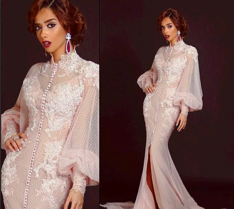 Modern High Neck Long Sleeve Mermaid Prom Dress With Lace Appliques