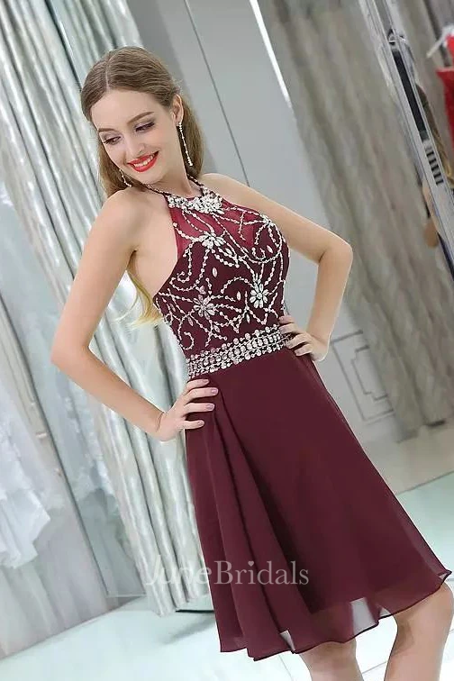 A-line Halter High Neck Sleeveless Beading Knee-length Chiffon Homecoming Dress