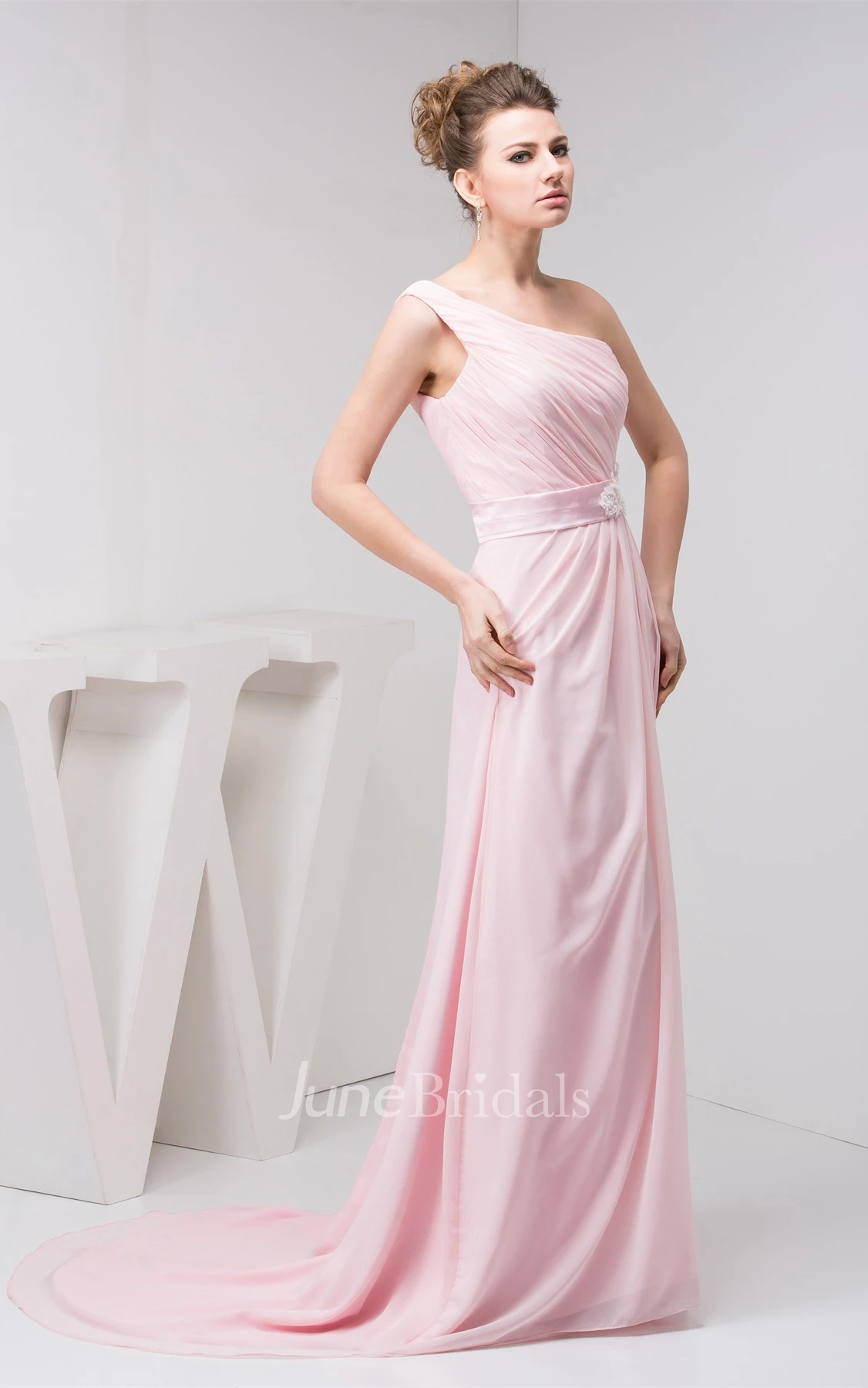 Pastel One-Shoulder Chiffon Gown with Ruching and Appliques