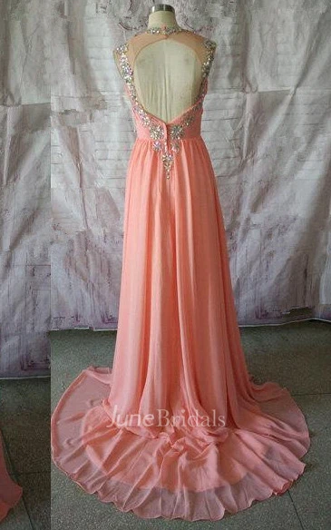 A-line Cap Sleeved Chiffon Dress With Beading And Keyhole Back