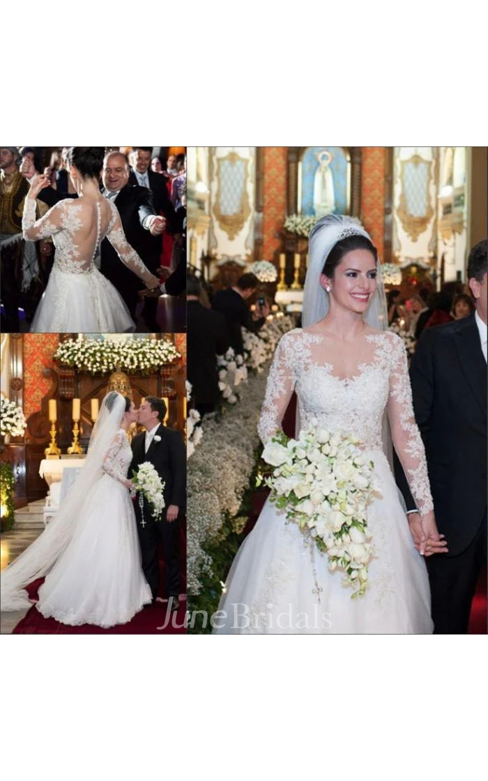 Beautiful Bateau Neckline A-line Tulle Dress With Lace Long Sleeve