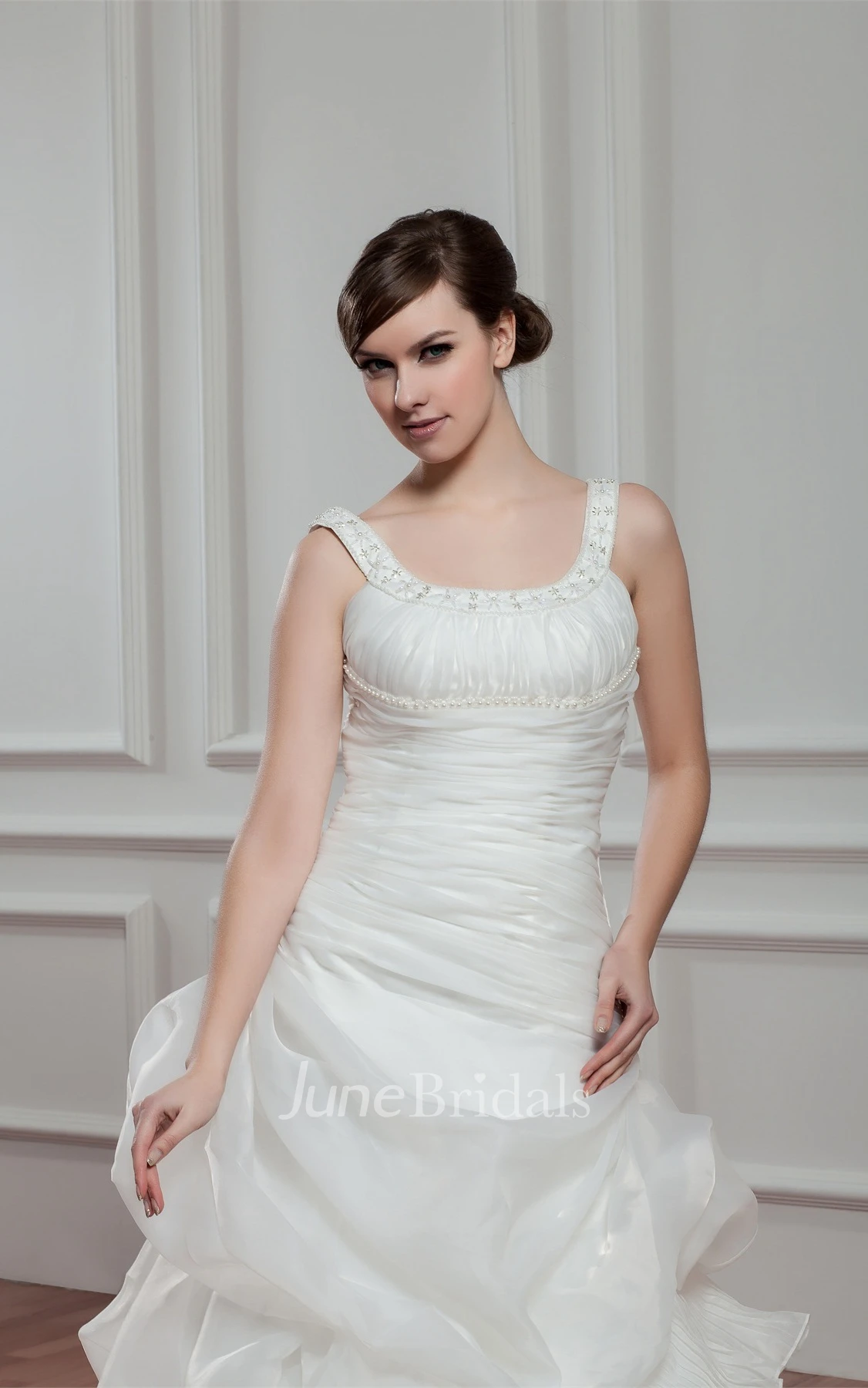 Strapped Pick-Up A-Line Gown with Beading and Ruched Bodice