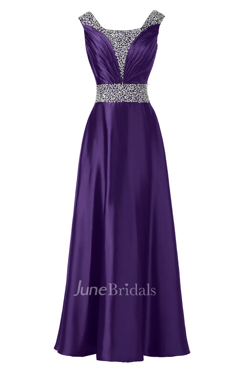 Sleeveless Pleated Satin Dress With Beading Belt and Trim