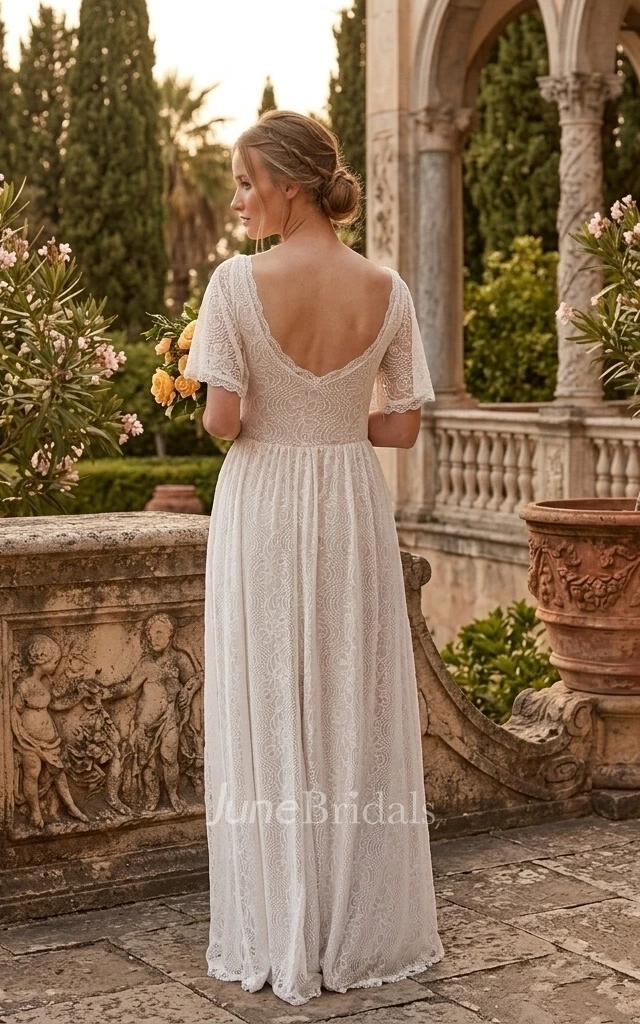 Modest Boho Beach A-Line Lace Short Butterfly Sleeves Spring Wedding Dress Simple Casual Maxi Scoop Neck Bridal Gown