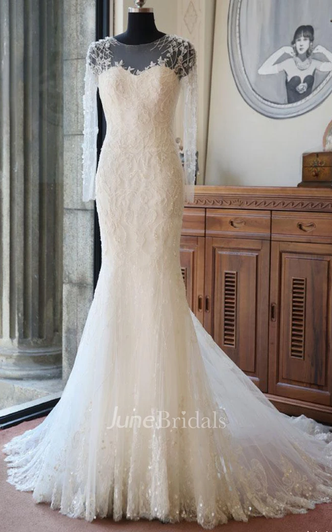 Trumpet Maxi Long Sleeve Bell Beading Flower Zipper Keyhole Tulle Lace Satin Dress