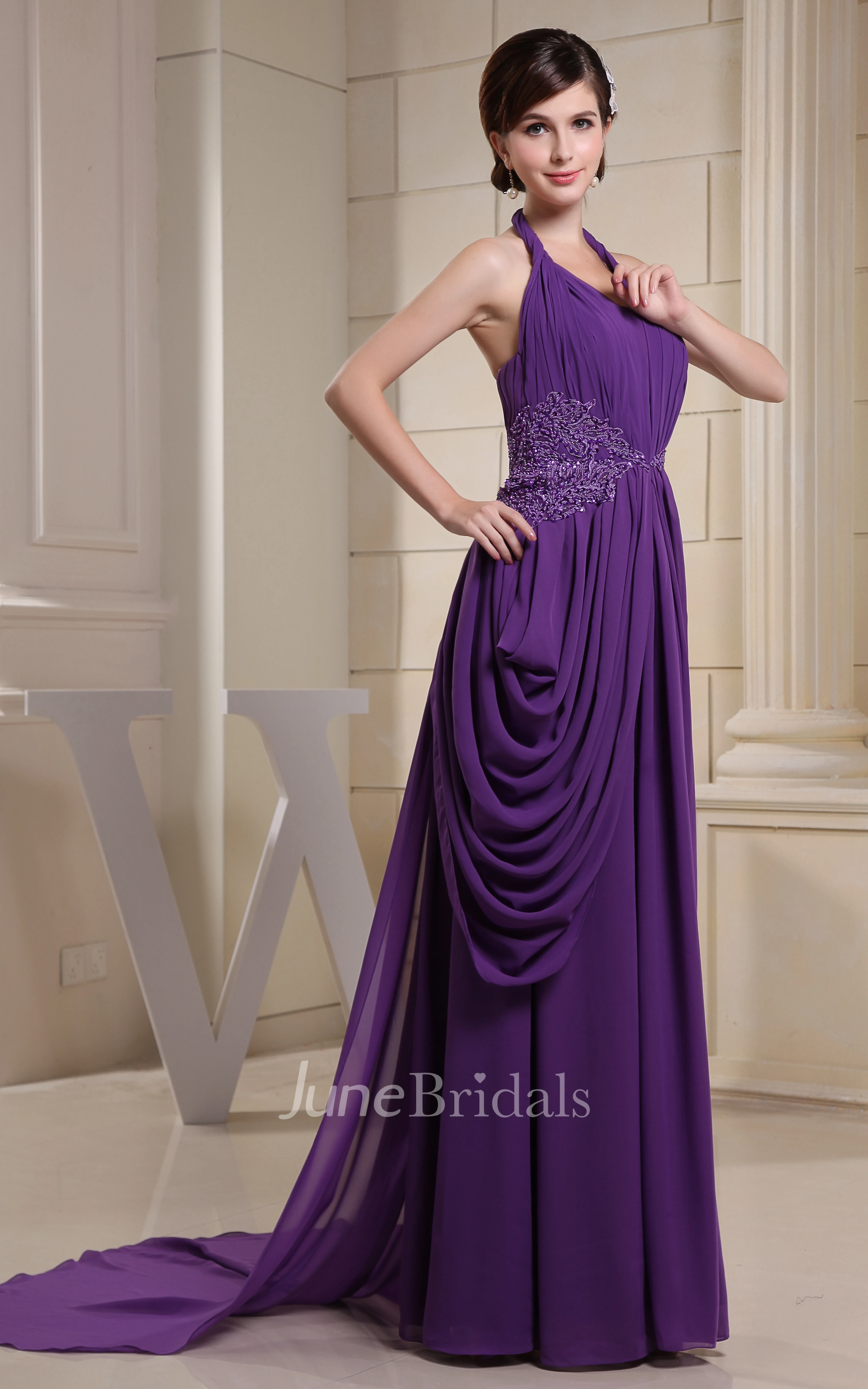 Chiffon Pleated Floor-Length Dress With Halter and Applique