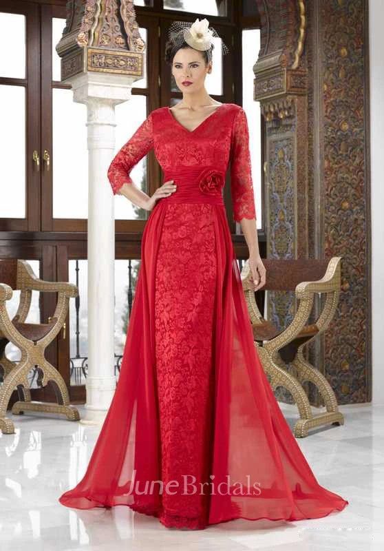 Lace Plunged 3-4-sleeve Pencil long Dress With Flower