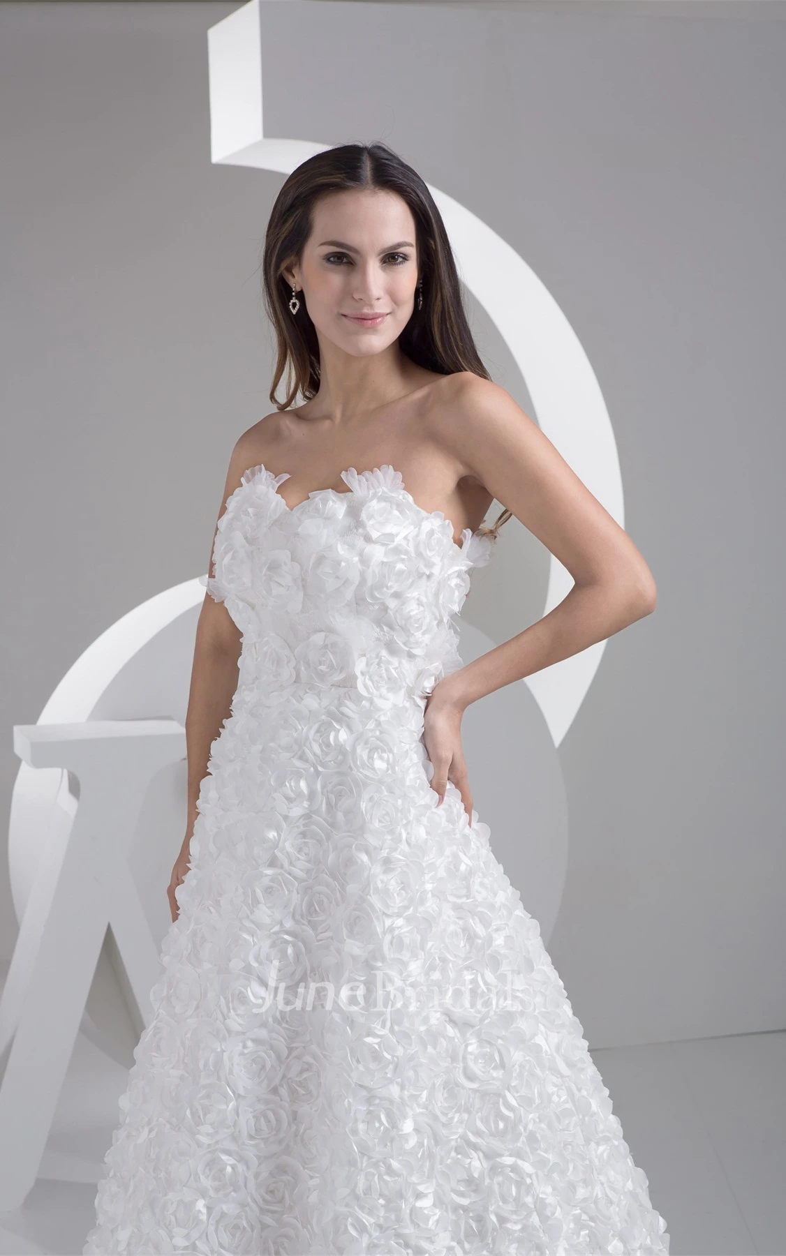 Floral Sweetheart A-Line Gown with Ruffles and Brush Train