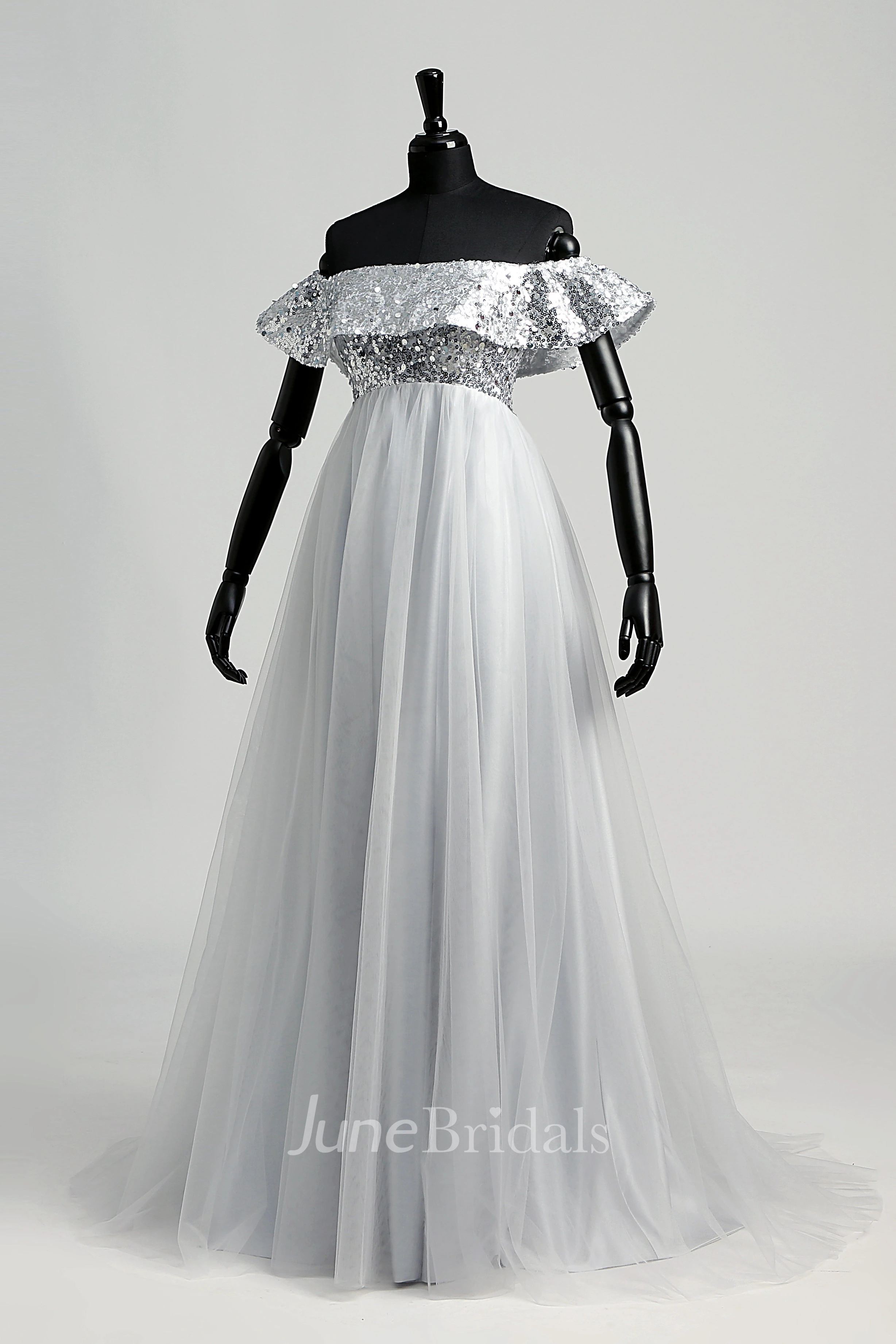 Strapless Sequined Bodice Empire Pleated Tulle Dress