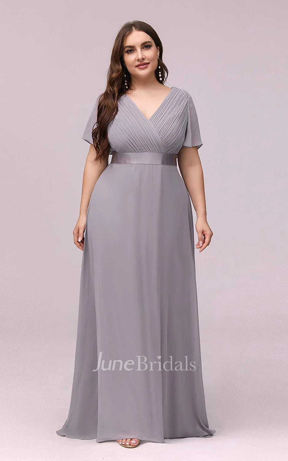A Line V-neck Chiffon Half Sleeve Prom Dress With Criss Cross and Ruching