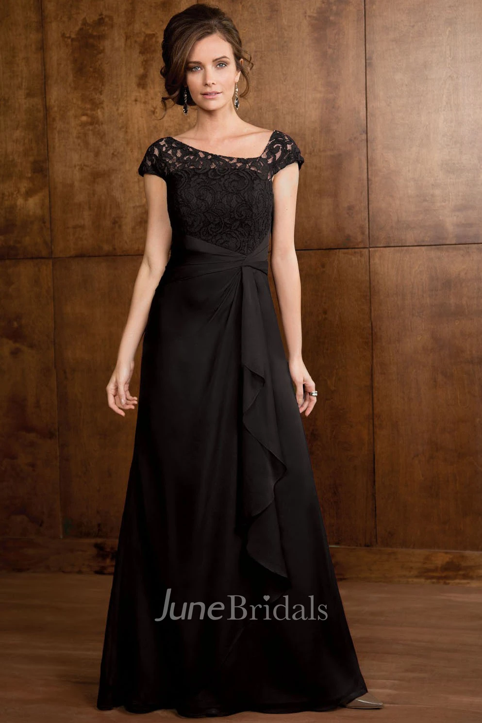 Elegant Formal Ruffled A-Line Gown with Lace Bodice Cap-Sleeve MOB Dress