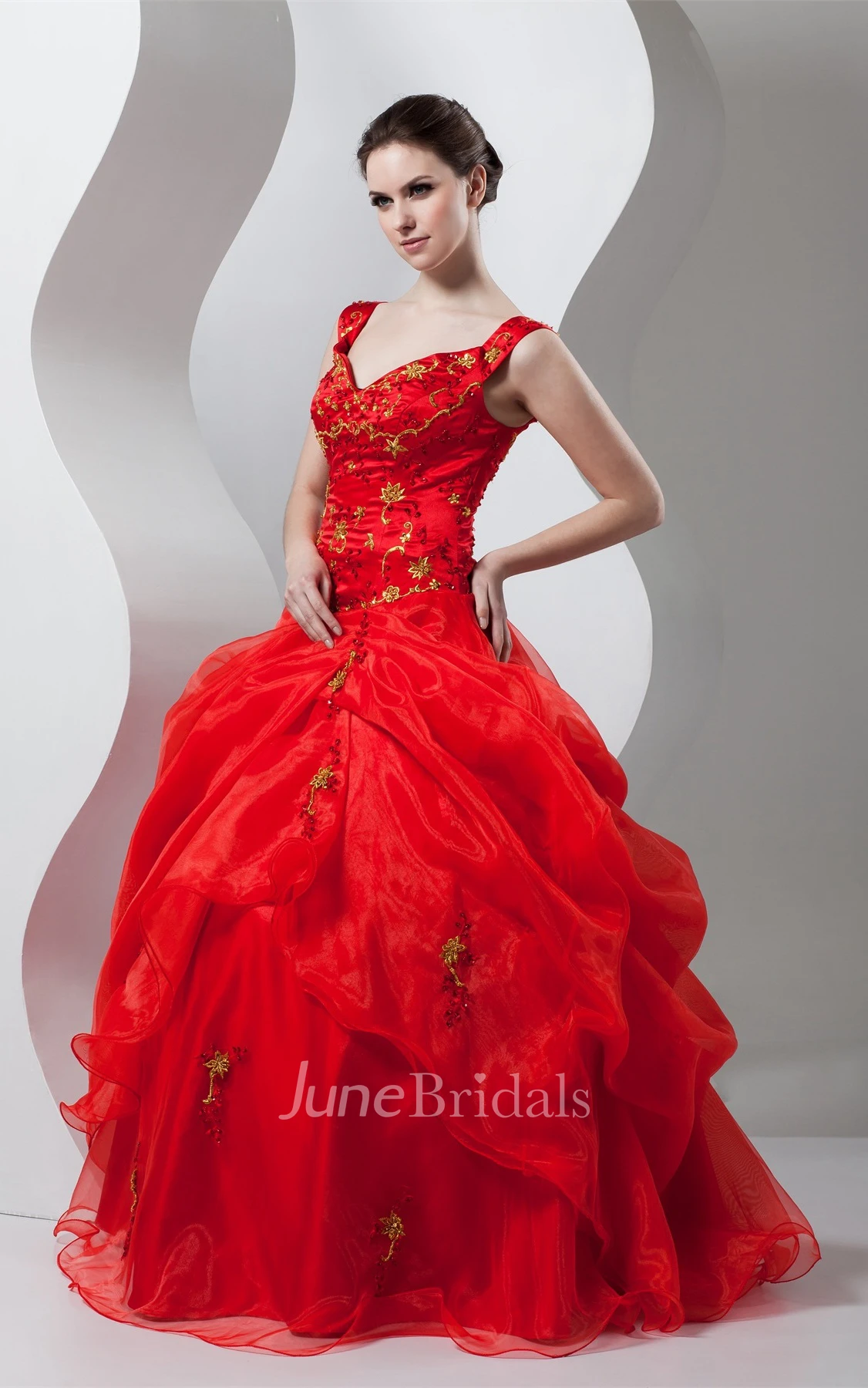Off-The-Shoulder Pick-Up Ball Gown with Beading and Embroideries