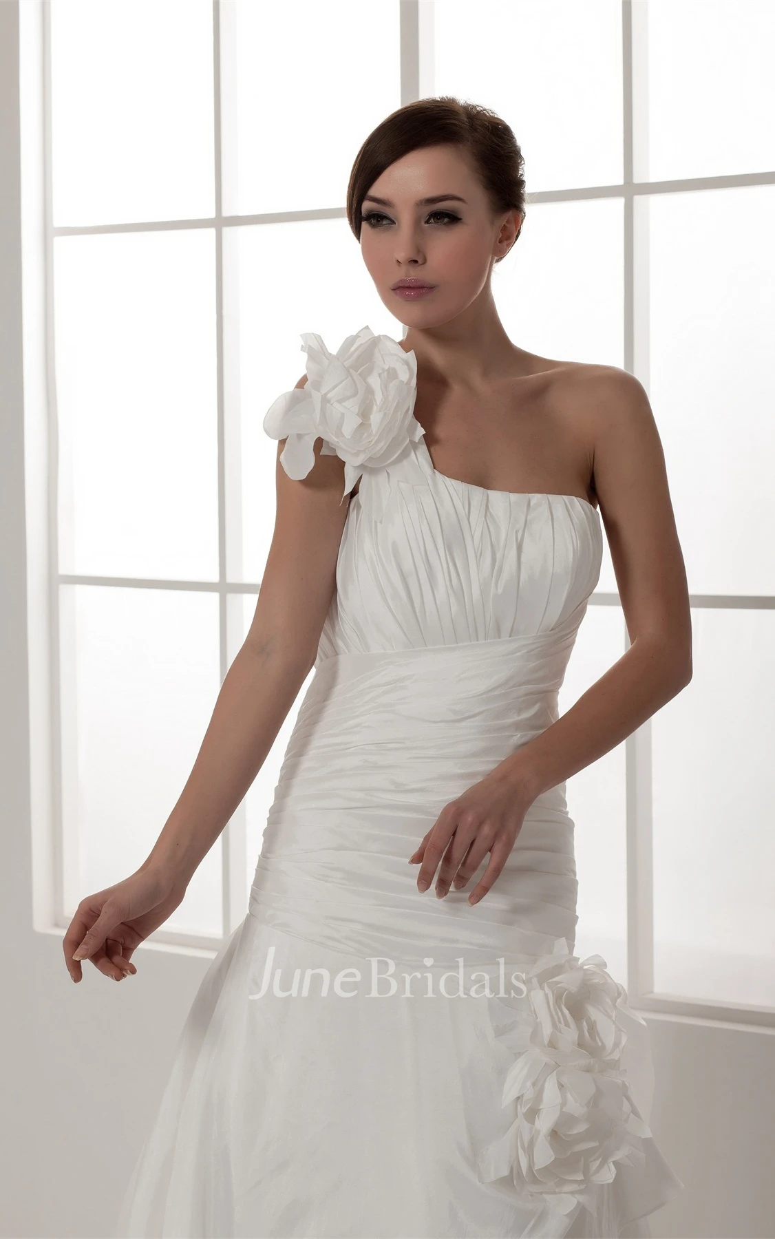 One-Shoulder Ruched A-Line Gown with Flower and Single Strap