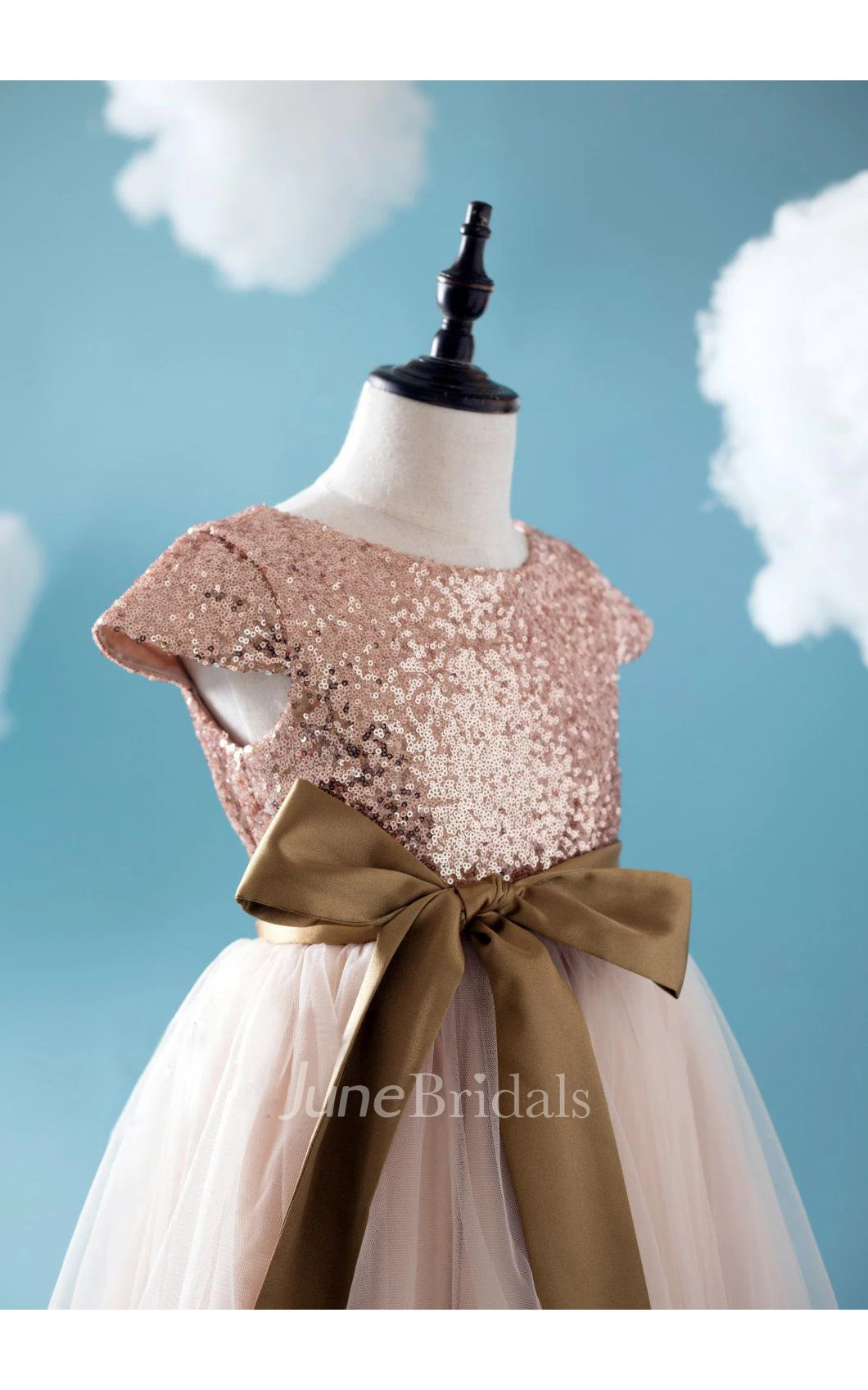 Cap Sleeve Sequin Bodice Floor Length Soft Tulle Bridesmaid Dress With Gold Belt