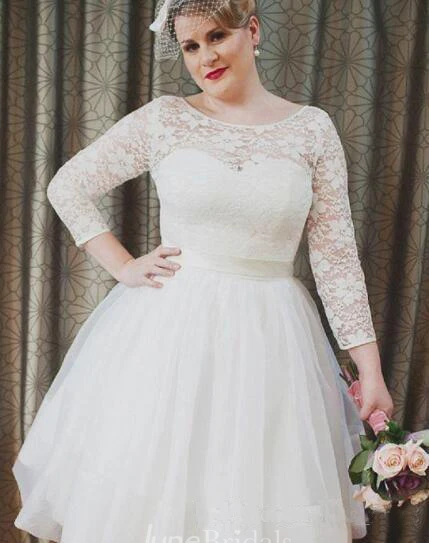 Plus Size Vintage Style Scoop Neckline 3-4 Long Sleeve Lace Tea Length Bridal Gown