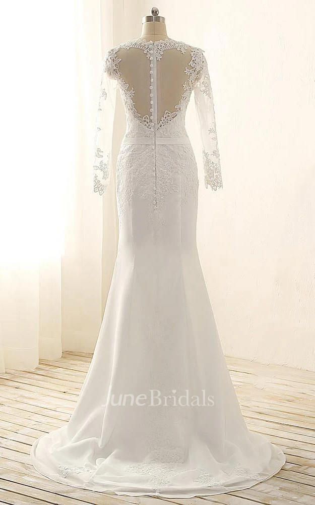 Maxi V-Neck Long Sleeve Beading Sweep Train Lace Satin Dress