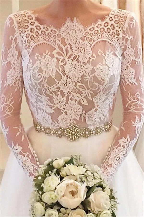 Elegant Illusion Long Sleeve Tulle Wedding Dress With Lace Beadings