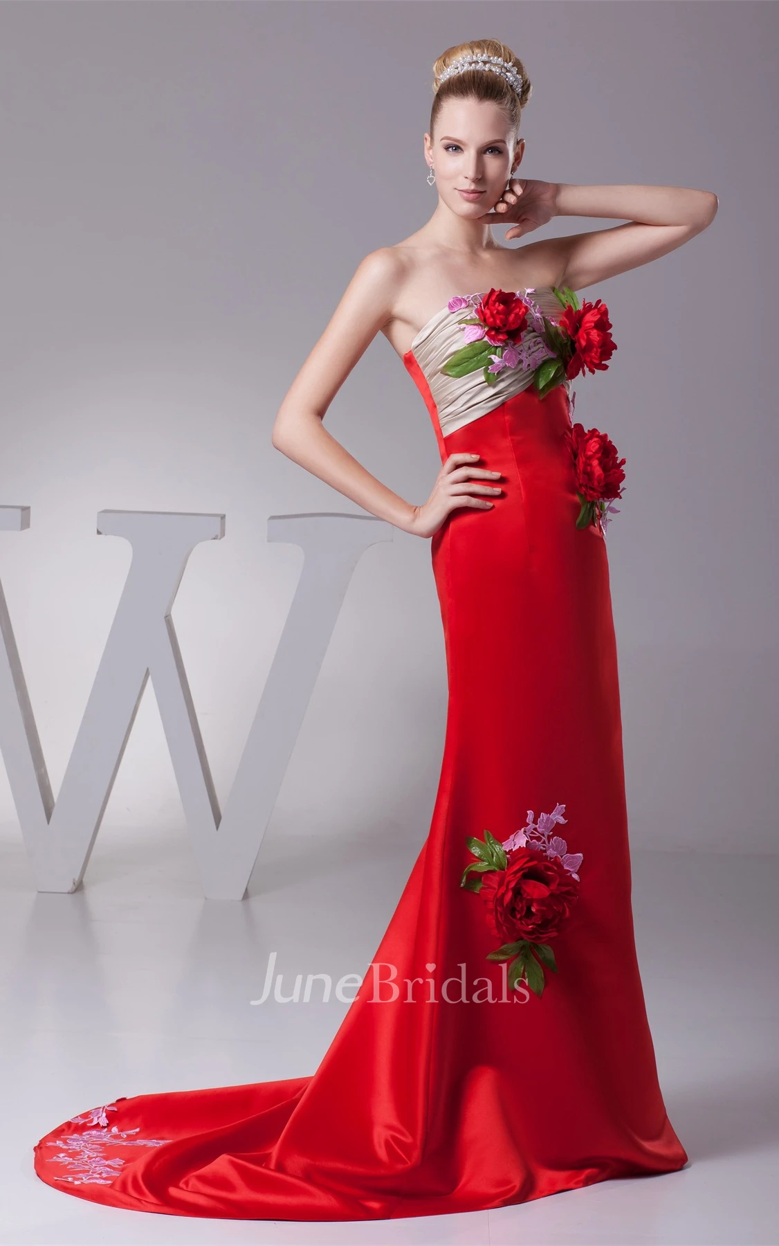 Floral Strapless Ruched Mermaid Satin Gown with Appliques