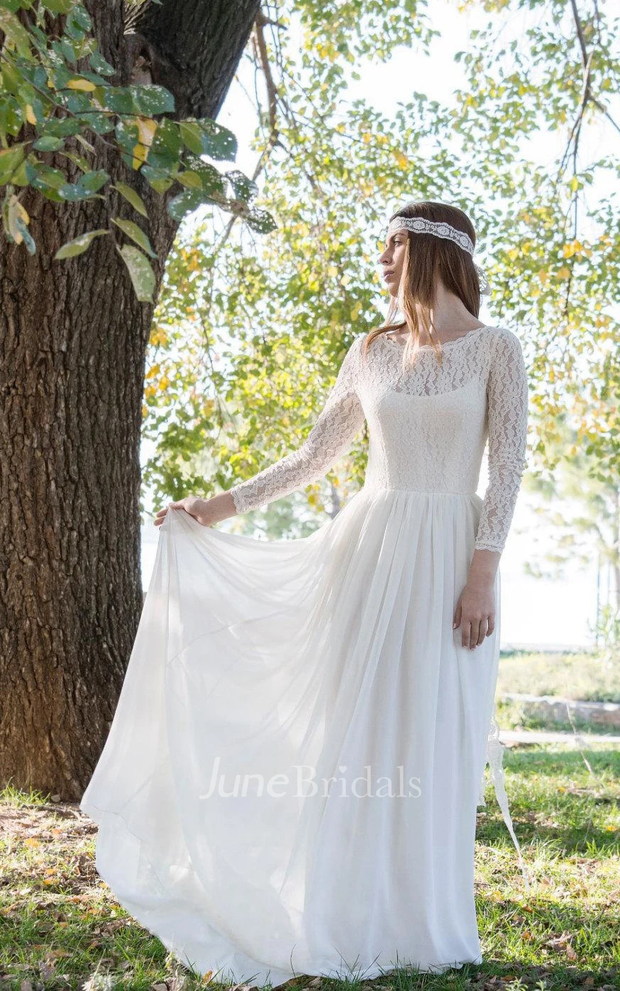 Jewel Illusion Sleeve Long Lace Wedding Dress With Keyhole Back And Pleats