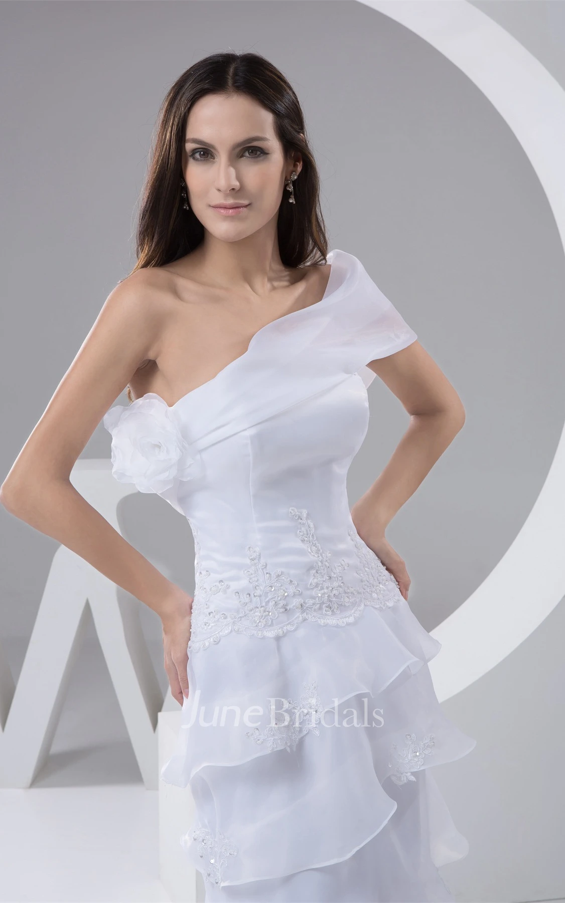 One-Shoulder Sheath Maxi Lace Dress with Tiers and Flower