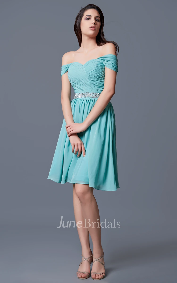Cap-sleeved Beaded Waist Short Chiffon Dress With Ruching
