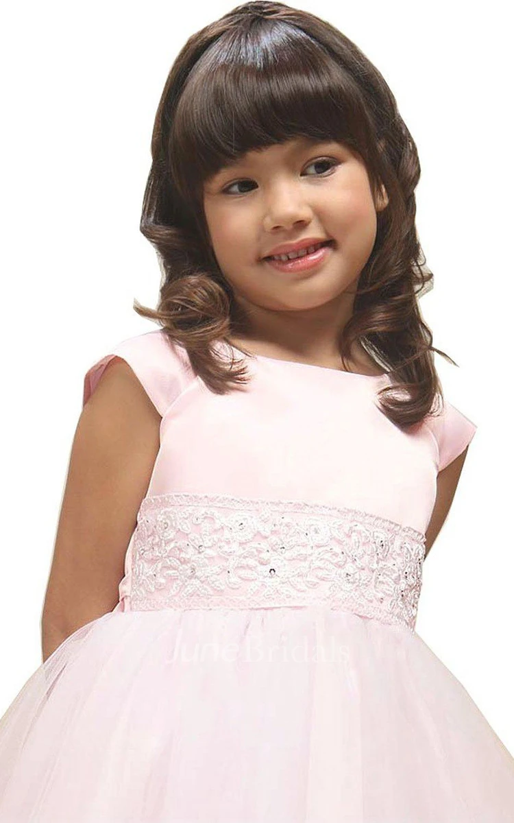 Cap-sleeved A-line Dress With Appliqued Waist