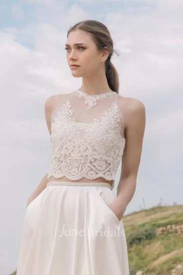 Halter Chiffon Satin Lace Wedding Dress