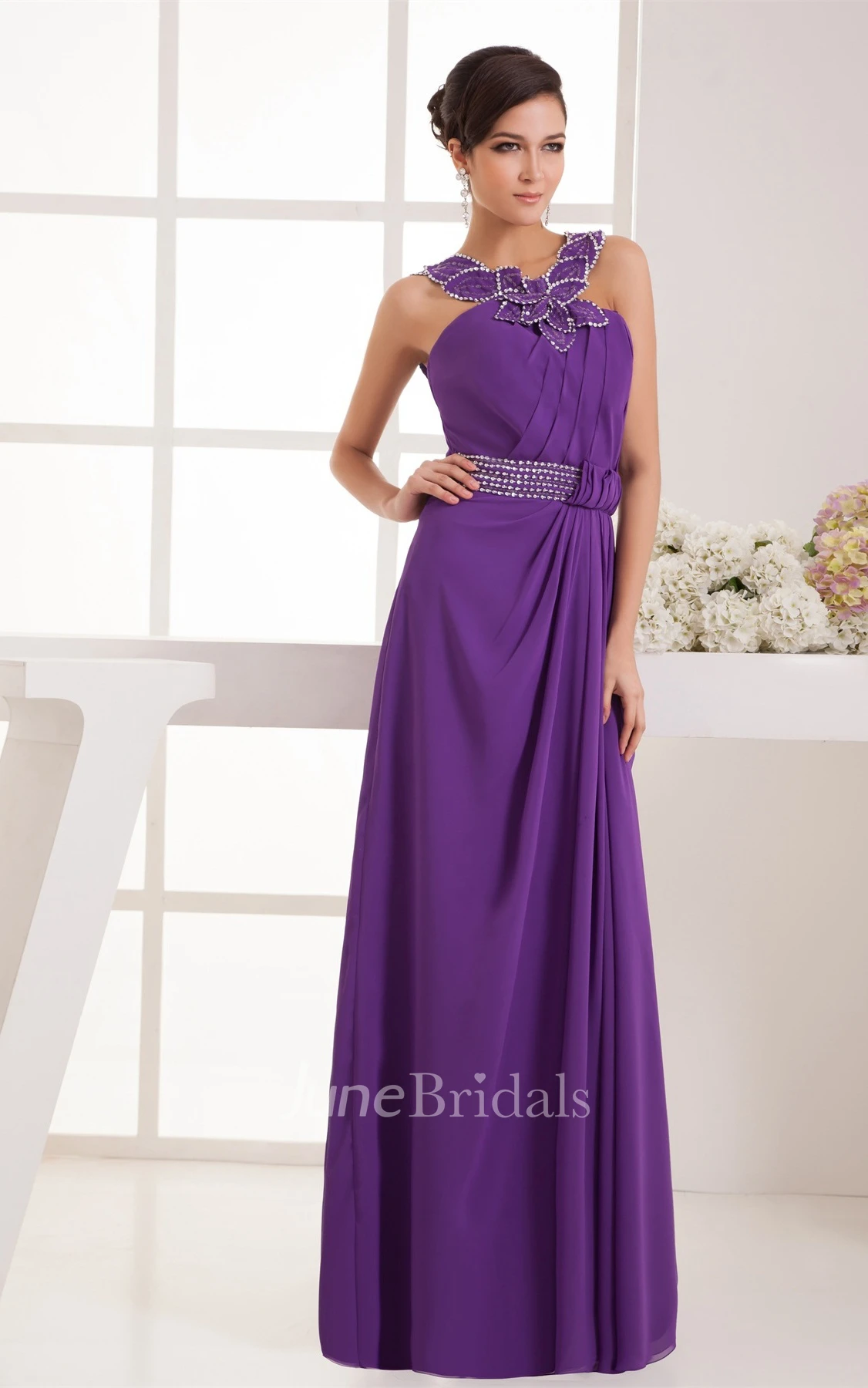 Chiffon Pleated Maxi Dress with Beading and Floral Embellishment