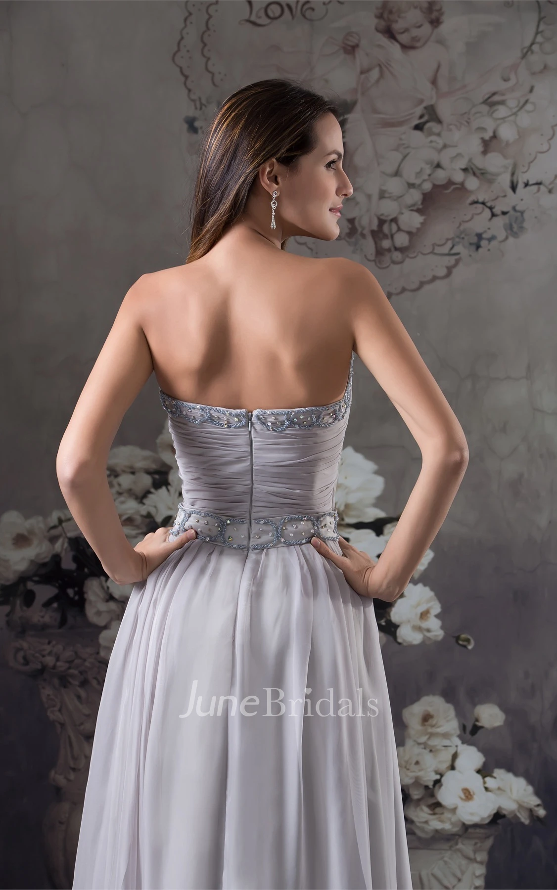 Sweetheart Ruched Chiffon Maxi Dress with Beading and Stress