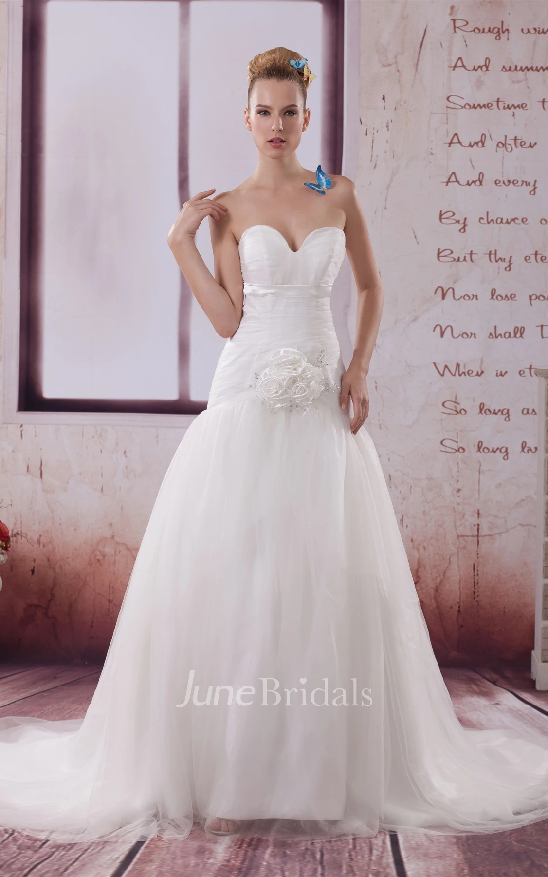 Sweetheart Tulle A-Line Gown with Flower and Ruching