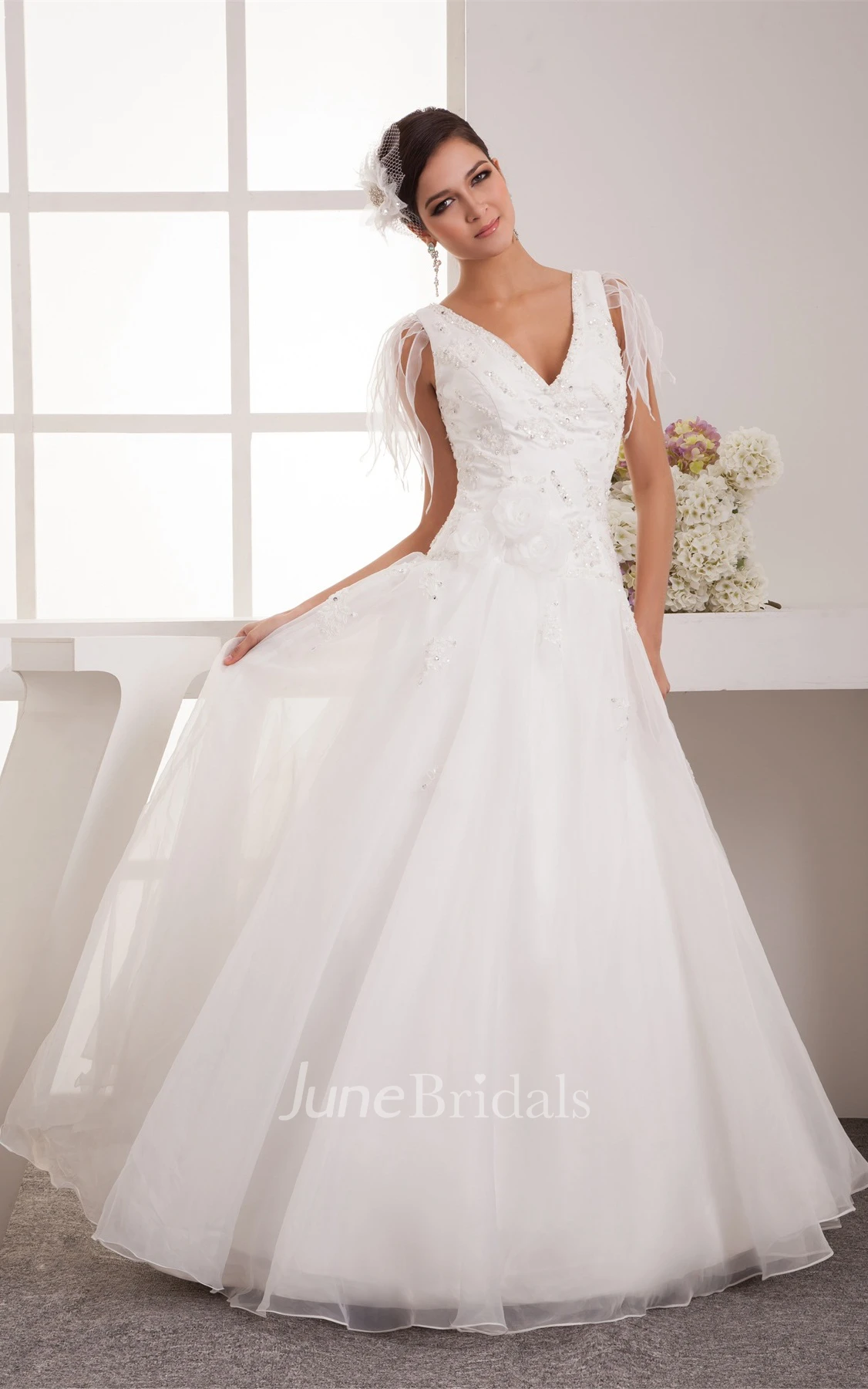 Plunged Tulle A-Line Gown with Pleats and Crystal Detailing