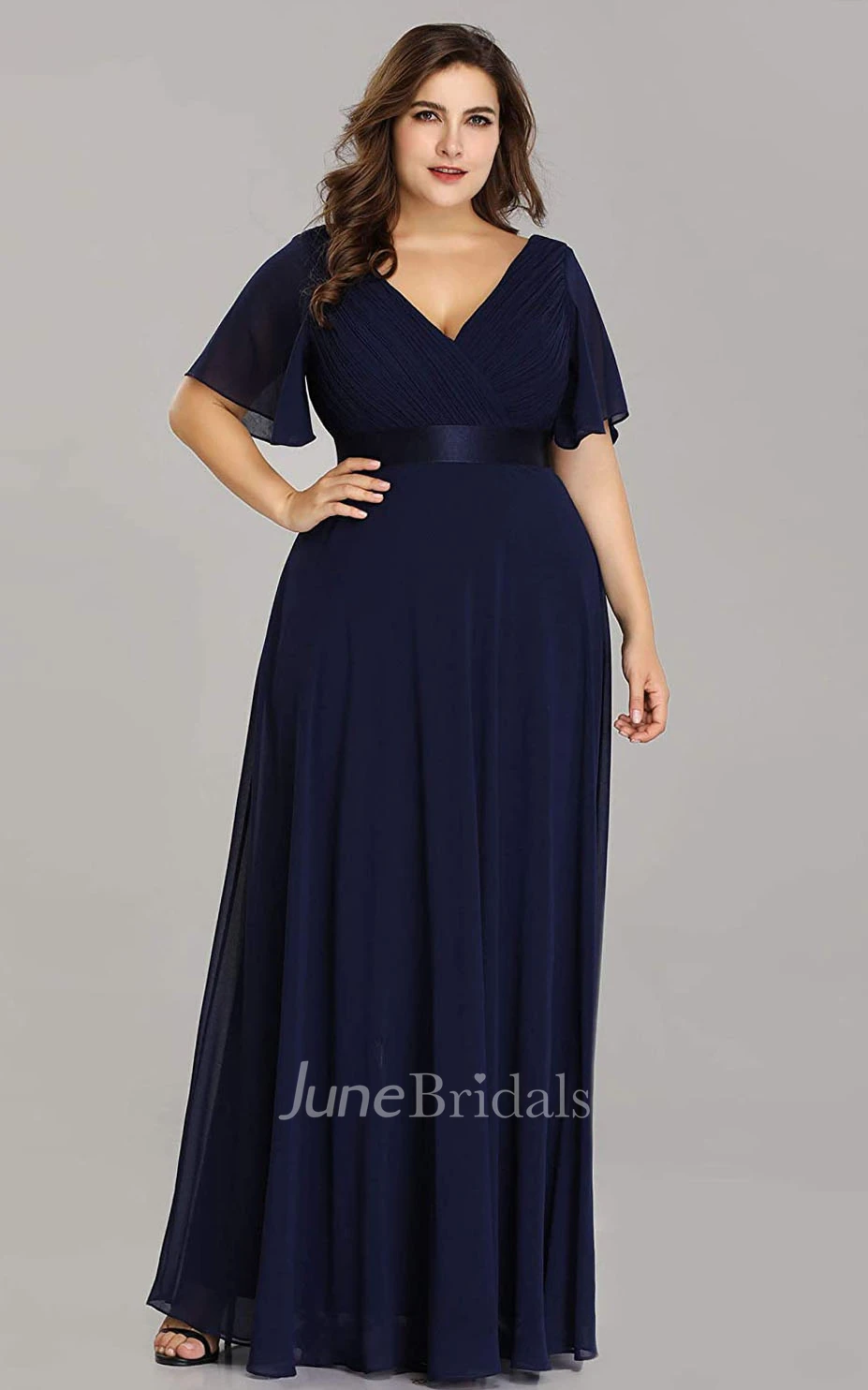 A Line V-neck Chiffon Half Sleeve Prom Dress With Criss Cross and Ruching