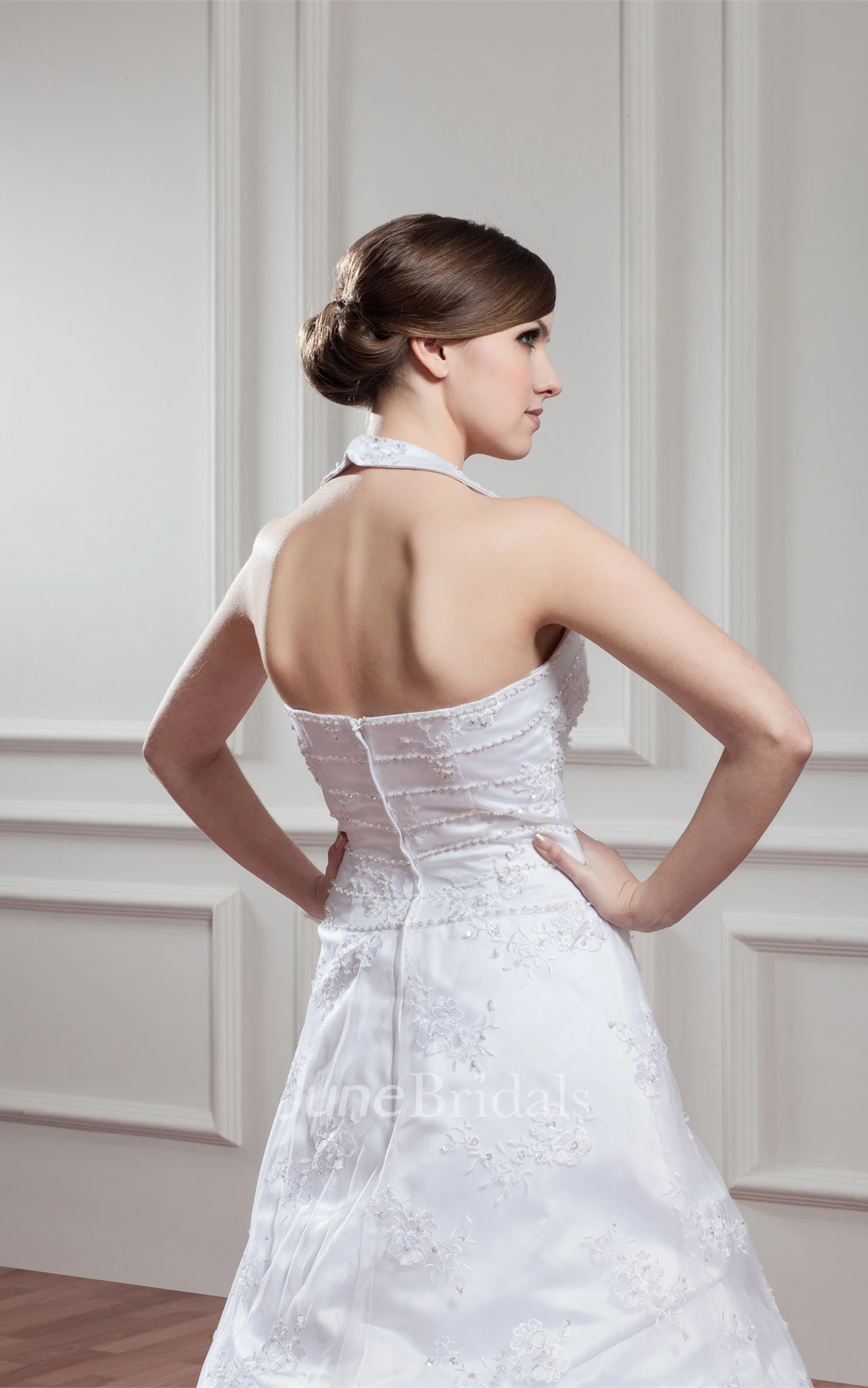 Sleeveless Appliqued A-Line Dress with Illusion and Halter