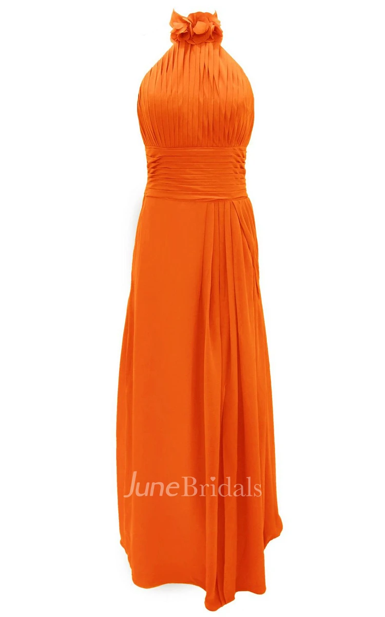 Floral Halter Pleated A-line Gown With Ruched Band