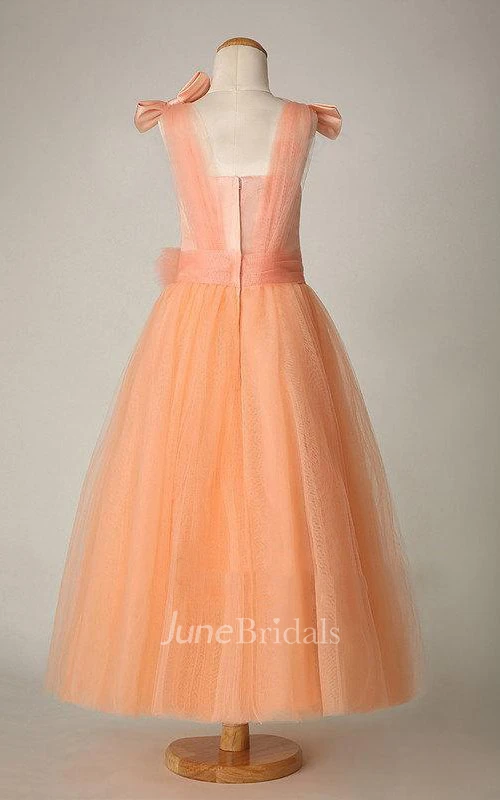 Sleeveless V-neck Pleated Tulle Dress With Flower Belt