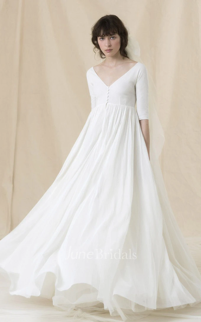 Ethereal A Line Floor-length Half Sleeve Tulle V-neck Wedding Dress with Ruching