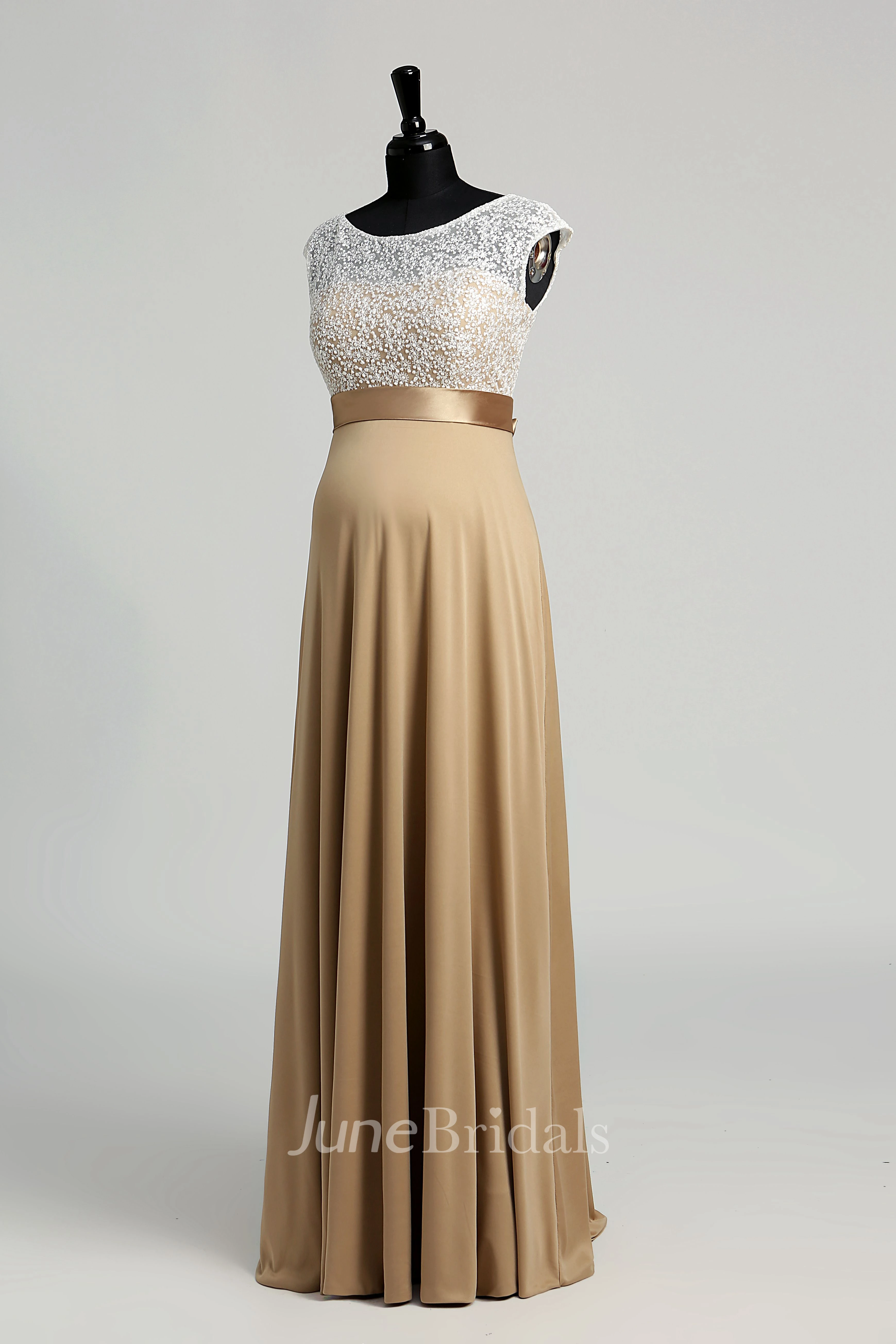 Floor-length A-line Bateau Cap Short Sleeve Illusion Jersey Lace Maternity Dress