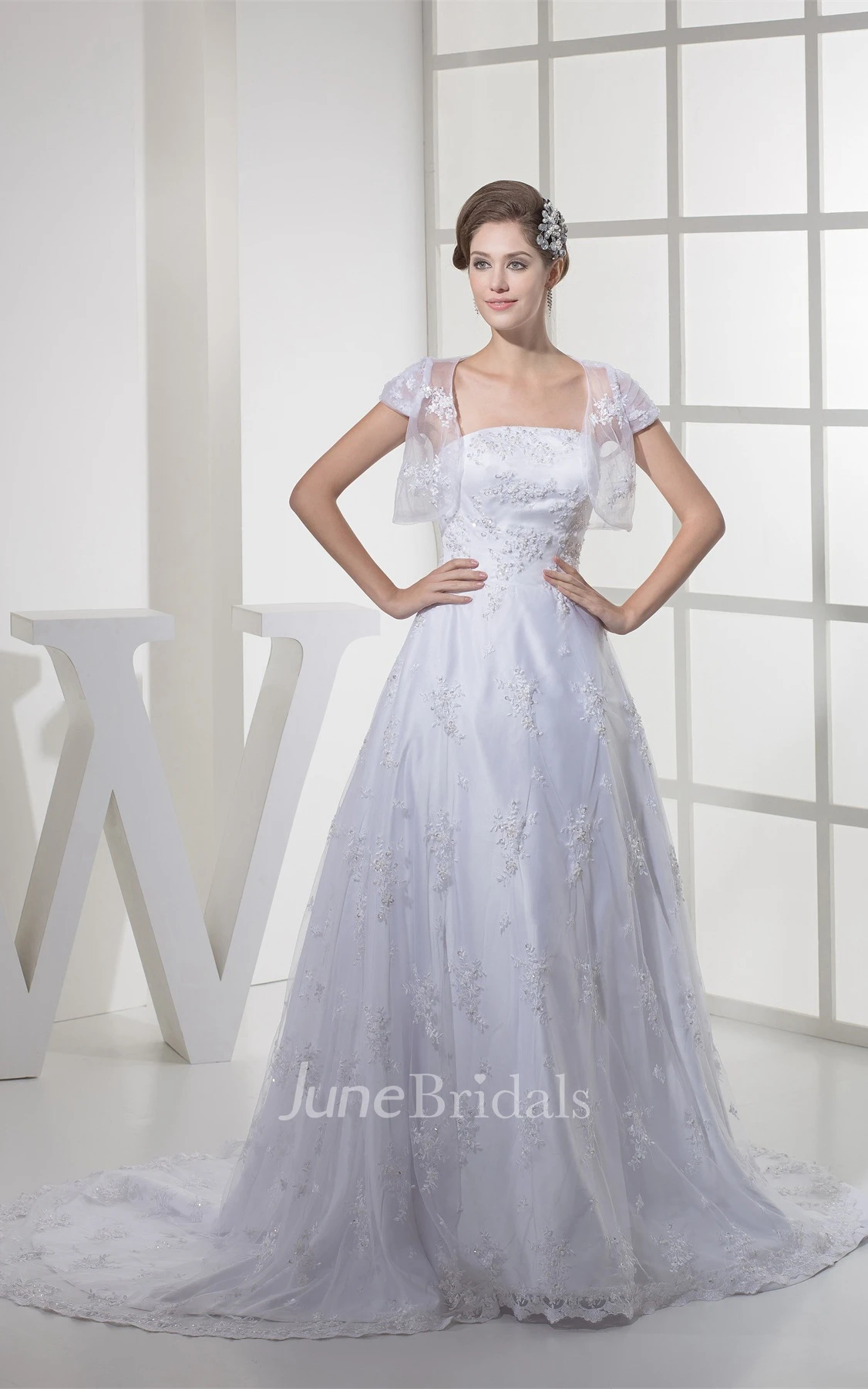 Strapless Tulle A-Line Gown with Appliques and Bolero