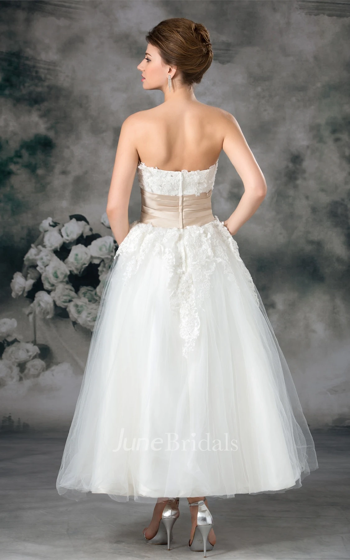 strapless a-line ankle-length gown with tulle overlay and appliques