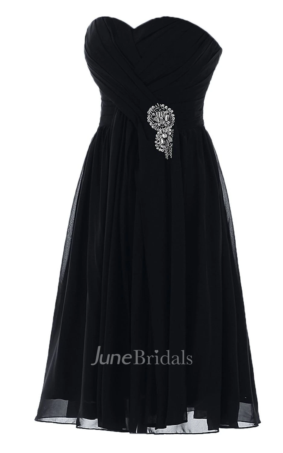 Sweetheart Knee-length Pleated Chiffon Dress With Crystal Stones