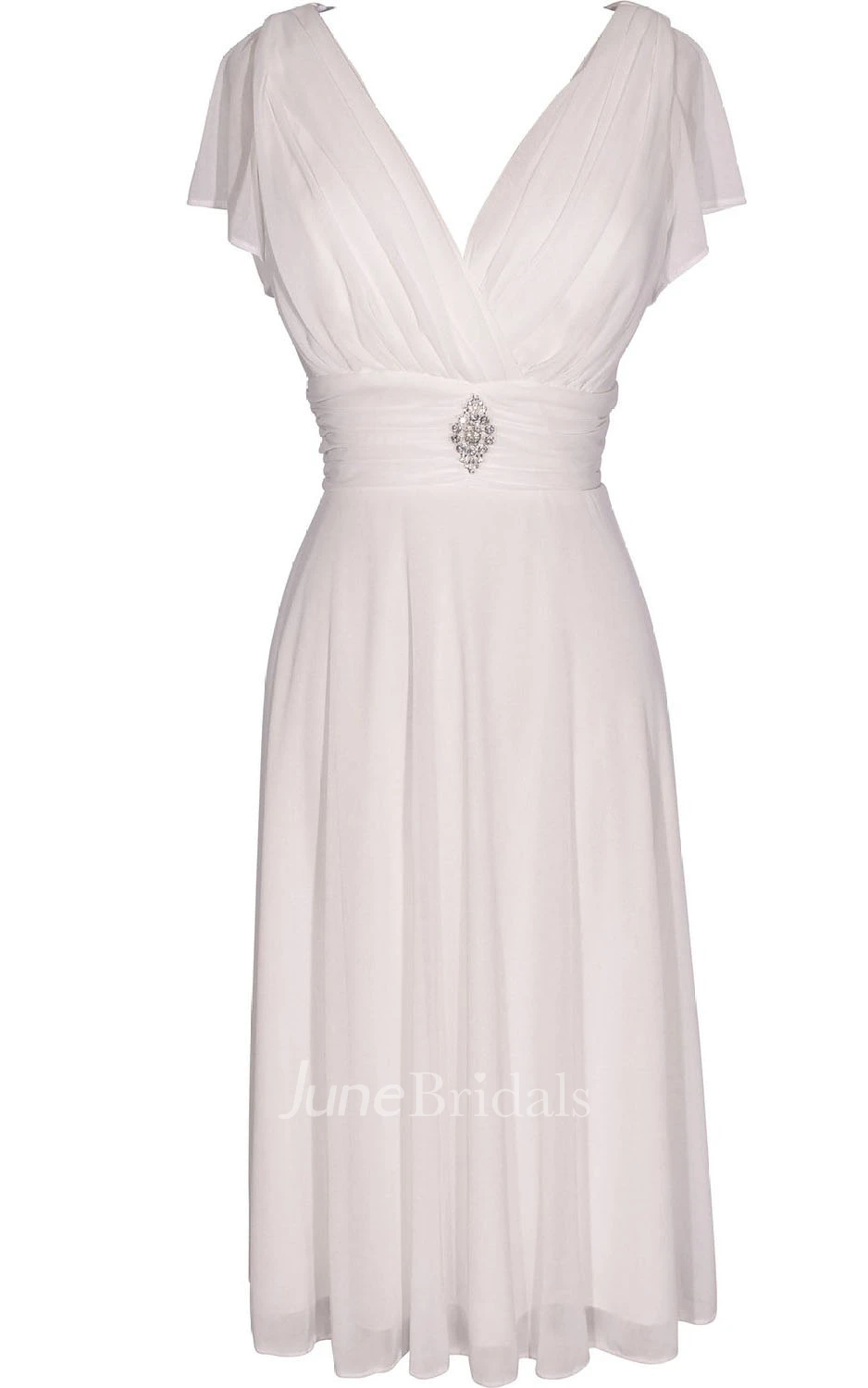 Short Sleeve V-neck Knee-length Chiffon Dress With Beading