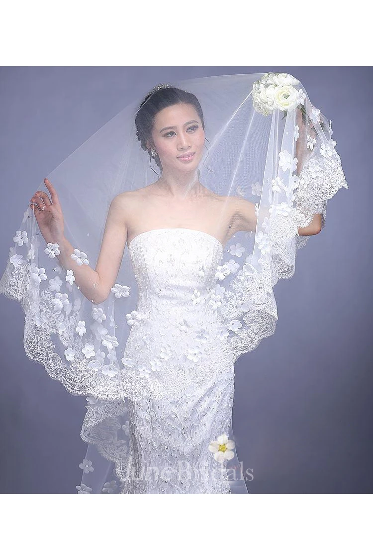New Style Beautiful Long Wedding Veil with Flowers and Lace Edge