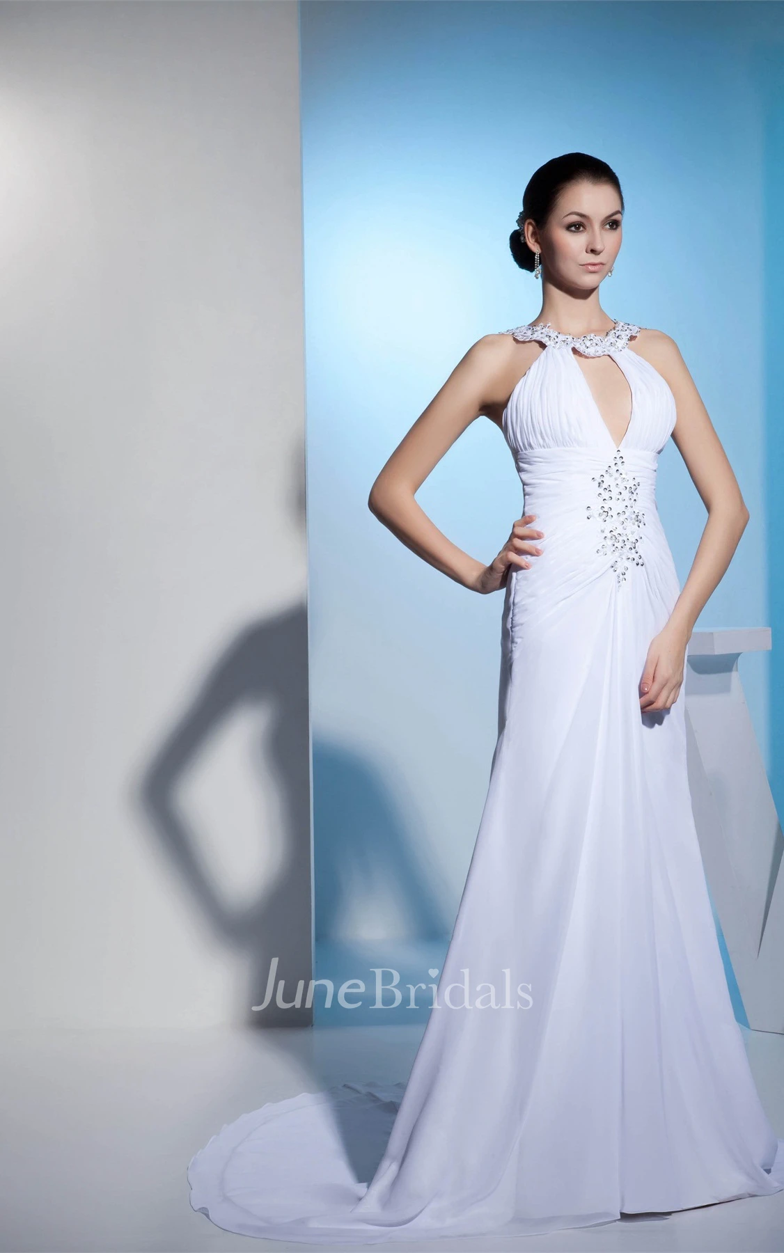 Sleeveless Ruched Sheath Dress with Beaded Neckline